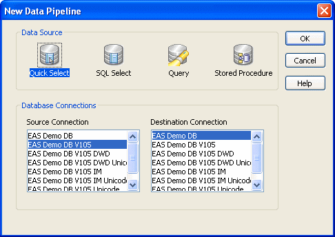 The picture shows the New Data Pipeline dialog box. At top is a box showing icons for available data sources. They are labeled Quick Select, sequel Select, Query, and Stored Procedure. Under them is a Database Connections box. Within it, the Source Connection and Destination Connection boxes display database profiles that have been defined. The last database connected to is selected as the source. The first database on the destination list is selected as the destination. In both boxes of the sample, this is E A S Demo D B V 4.