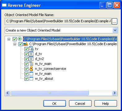 The Reverse Engineer dialog box displays the the file name for the linked OOM target, a text box for the reverse engineer options, and a list box for the items in the PowerBuilder target. A checkmark next to an item in the list box indicates that you want to abstract the item as a class in the OOM. The merge option selected in this example indicates that abstracted classes from the PowerBuilder objects will be merged with classes in the linked OOM, rather than replacing them.