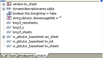 The sample shows the watch tab page listing several variables and expressions. Most display values, such as the expression l i _ more < 100 equals true, but the variable string this dot d w message title equals " " to show that the variable is in scope but has not been initialized. 