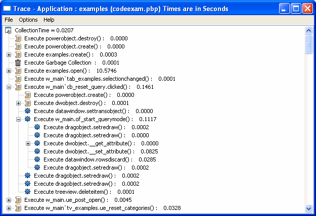 Shown is a Trace view with several nodes expanded. A typical entry is Execute open ( ) : 9 5 0 dot 0 7 0 1. The number is the execution time for the item.