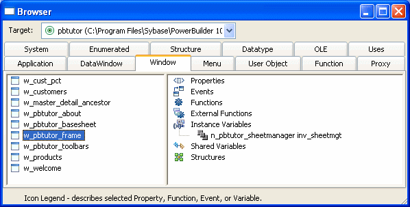 Shown is the User Object tab of the Browser window. A pane at left shows a list of user defined objects with the object n _ p b tutor _ connect service highlighted. The pane at right displays properties, events, functions, external functions, instance variables, shared variables, and structures.