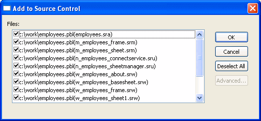 The sample dialog box is titled Add to Source Control. In a scrollable text box labeled Files:, it displays a list of six objects. A selected check box displays to the left of each object. At bottom is a Comment box.