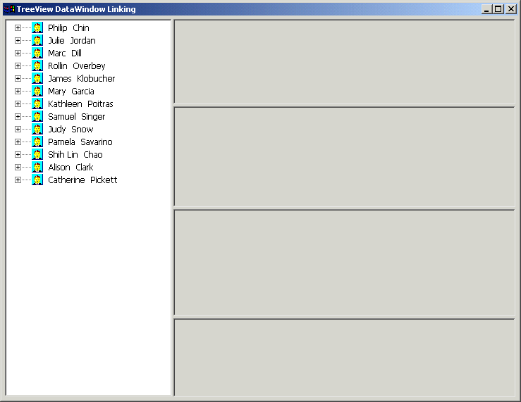 The left pane shows a tree view with employees as the top-level node with no nodes expanded. There are four separate panels on the right, one above another.