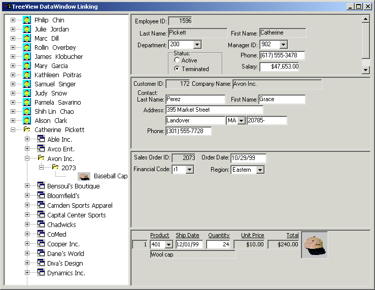 Expanding the nodes displays four data windows in the panel on the right: employee details, customer details, order details, and sales order item details.