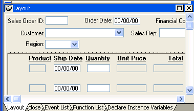 The sample is labeled Layout and has tabs for Invoice Entry and Customer Entry. The Invoice Entry tab page is displayed and shows portions on the application title, Power Hardware, the slogan Best hardware anywhere, and text boxes for Invoice Number, Customer Number, Item Number, Quantity, and Each Price.