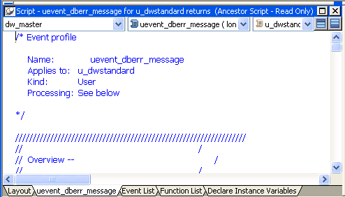 Shown is the Script view. The title bar displays the name of the selected function, which is open for w _ master _ detail returns long. Below the title bar from the left are a drop down list that displays w _ master detail as the selected object, a drop down that displays the selected event, which is open ( ) returns long [ p b m _ open ], and a blank drop down. Below these is a text area displaying the script for the open event. 