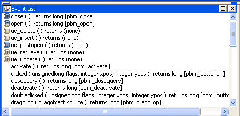 The sample, labeled Event List, shows a long list of default and user-defined events. The visible part of the first entry reads clicked ( unsigned long flags, integer x pos, integer y pos ) returns long [ p b m _ l button. An icon of a page full of text next to this entry shows that it has a script.