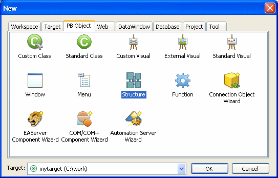 Shown is the PB Object tab page of the New dialog box with three rows of labeled icons representing user objects. The top row displays the user objects Custom Class, Standard Class, Custom Visual, External Visual, and Standard Visual.