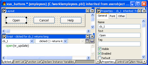 Shown is the User Object painter screen for the custom visual user object v u o _ buttons. At top left is the Layout view, which shows three rectangular buttons labeled, from left to right, OK, Cancel, and Help. Below this is the Script area. At its top are two drop downs that display v u o _ buttons at left and drag drop ( drag object $ at right. At bottom is a blank display area for Script. 