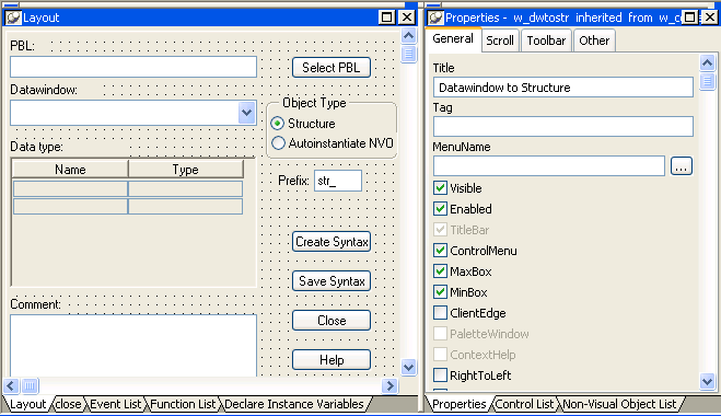 Shown is the default layout for the Window painter workspace. The title bar displays the name of the selected window, w _ multilingual ( examples ) inherited from w _ center - Window. At left is the Layout tab page, which displays the content of the selected window positioned on a grid. At left is the General tab page of the Properties view with text fields for title and tab, a drop down labeled Menu Name, and check boxes for Visible, Enabled, Title Bar, Control Menu, Max Box, Min Box, Client Edge, Palette Window, Context Help, Right to Left, Center, and Resizable.