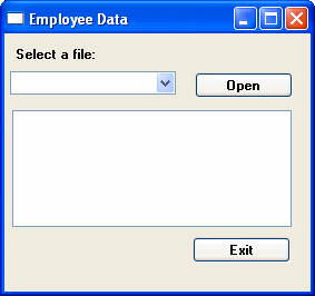 Shown is a sample window with the title Employee Data, the text Select a file:, a drop down list box, and next to it, and Open button. At bottom is a rectangular box for editing script and an Exit button.