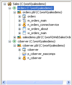 The sample shows a workspace called PBworkspaces  with two PowerScript targets called c d server and client and one Web target called C D Site. One of the PowerScript targets, client, has a second library, emusic_data.pbl, in its library search path