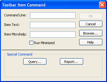 The sample shows the Toolbar Item Command dialog box. At top are text boxes for Command Line, Item Text, and Item Microhelp and a check box labeled Run Minimized. At bottom is a Special Command group box with buttons for Query, Report, Format, and Function.