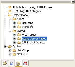 The sample screen shows the Language tab page in the System Tree. It includes four top level folders called Alphabetical Listing of HTML Tags, HTML Tags By Category, Object Models, and Syntax. Object Models has sub folders for Client and Server. Syntax has sub folders for Java Script, Dyna Script extensions, and V B Script.