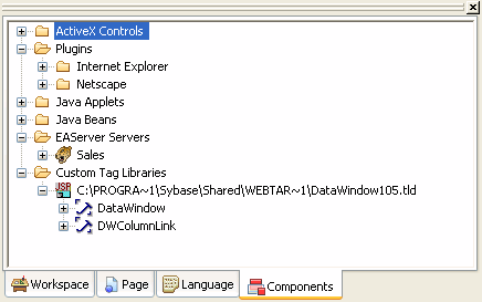 The sample shows the Components tab page in the System Tree, which displays folders with  ActiveX controls, plug ins, Java applets, JavaBeans installed on the system, E A Server servers, and custom tag libraries accessible from the system.