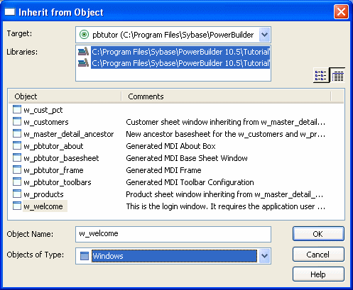 The sample shows the Inherit From Object dialog box. At top are a drop down list for selecting the Target and a list of related libraries. Next is a list of Objects with Comments to the right of each object. It displays windows objects, and the object w _ p b tutor _ about is highlighted. At bottom are a text box for Object Name and a drop down list box labeled Objects of Type, with Windows selected.