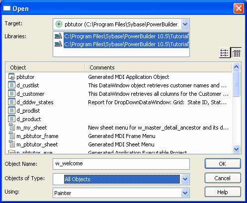 The sample shows the Open dialog box. At top are a drop down list for selecting the Target and a list of related libraries. Next is a list of Objects with Comments to the right of each object. It displays user objects, and the object n _ p b tutor is highlighted. At bottom are a text box for Object Name, which is blank, and a drop down list box labeled Objects of Type, with User Objects selected.