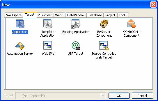 The sample shows the New dialog box. It has tabs at top for Workspace, Target, P B Object, Web, Data Window, Database, Project, and Tool. The Target tab page is open and the Application wizard is highlighted.