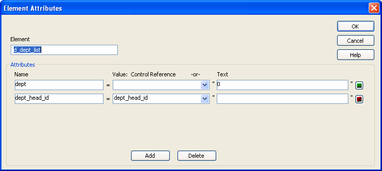 The sample shows the Element Attributes dialog box with the Element d _ dept _ list displayed. Under the element is an attributes box that lists the dept and dept _ head _ i d attributes. For dept, no control reference is displayed, but the Text value is set at 0. For dept _ head _ i d, the Control Reference value of dept _ head _ id has been selected from the drop down list. Expression buttons appear to the right of the two attributes.