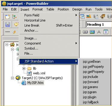 The sample shows Insert selected on the menu bar and displays its submenu. The J S P Standard Action is selected, and its drop down list includes actions such as j s p : use Bean and j s p : set Property.