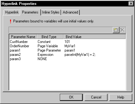 The sample shows the Parameters tab page of the Hyperlink Properties dialog box. At top is the text ! Parameters bound to variables will use initial values only. Below this are columns for Parameter Name, Bind Type, and Bind Value which display sample row entries such as Cust Number, Constant, 101, and param 1, Page Parameter, param 1.