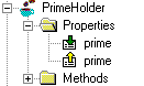 Shown in a Tree View is a Java bean called Prime - folder with its Properties folder expanded to show two entries for the prime property, one with a down arrow and one with an up arrow.