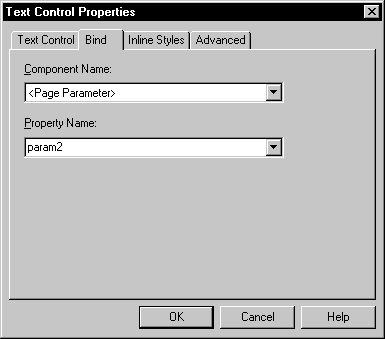 The sample shows the Bind page of a Text Control Properties dialog box. It has drop down list boxes for Component Name, which displays < Page Parameter >, and Property Name, shown as param 2.