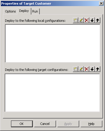 The sample shows the Properties dialog box with tabs at top labeled Options, Deploy, and Run. The Deploy tab is selected. It is divided horizontally into two input areas labeled "Deploy to the following local configurations" and "Deploy to the following target configurations." Five icons display to the right of each area to facilitate actions such as creating and deleting configurations.