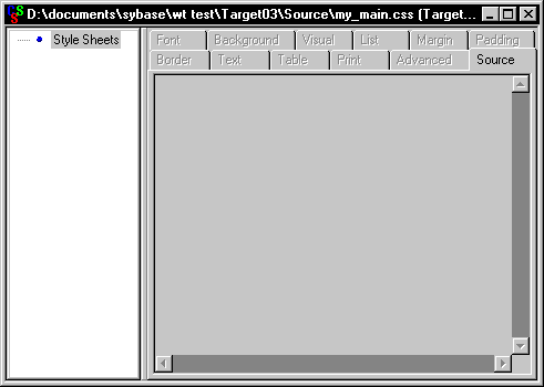 Shown is the Style Sheet editor. In the left pane is the entry Style Sheets and at right is a blank Source tab page.
