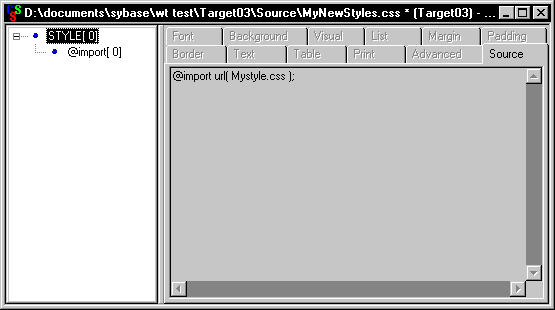 Shown is the Style Sheet Editor. In the left pane is the entry Style ( 0 ) and indented under it is @ import ( 0 ). At right is the Source tab page displaying the text @ import u r l ( My style dot css ) ;