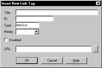 Shown is the Insert New Link Tag dialog box. From top to bottom are text boxes for Title, I D, and Type, with the type displayed as text / c s s. Next is a drop down list labeled Media, a check box labeled Disabled, and a U R L text box with a browse button.