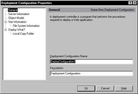 Shown is a sample Deployment Configuration Properties dialog box with the entry General highlighted. At right is an area titled General and the text Name New Deployment Configuration. Text below the title states "A deployment controller is a program that performs the procedures required to deploy a Web application." Next is a text box labeled Deployment Configuration Name with the entry Deploy Configuration 1 and a text box for Description with the entry Deployment Configuration.