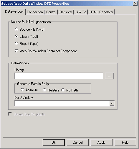 Shown is a sample DataWindow page of the Sybase Web DataWindow DTC Properties dialog box. At top is a group  box labeled Source for H T M L generation with radio buttons for Source File ( * dot s r d ), Library ( * dot p b l ), which is selected, Report ( * dot p s r ), and Web Data Window Container Component. Next is a Data Window group box with a blank Library drop down list and a browse button, a group of three radio buttons labeled Generate Path in Script with the choices Absolute, Relative, and No Path, which is selected, and then a blank drop down for Data Window. Last is a cleared check box labeled Server Side Scriptable. 