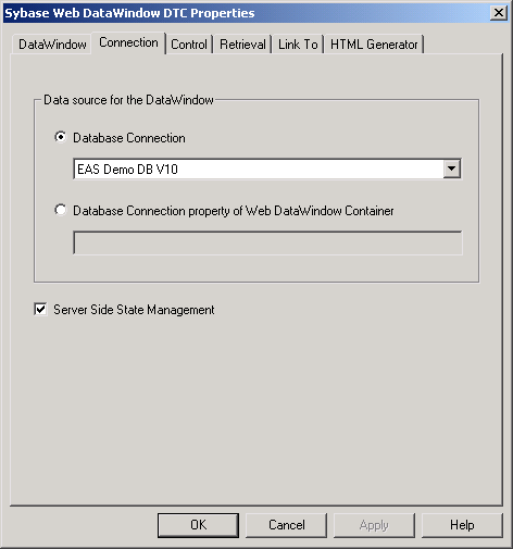 The sample shows the Connection page of the Sybase Web DataWindow DTC Properties dialog box. A group box labeled Data source for the DataWindow has a selected radio button for Database Connection with a drop down list box that displays E A S Demo D B V 10 and then a cleared radio button labeled Database Connection property of Web Data Window Container, which has a grayed text box. At screen bottom is a selected check box labeled Server Side State Management. 