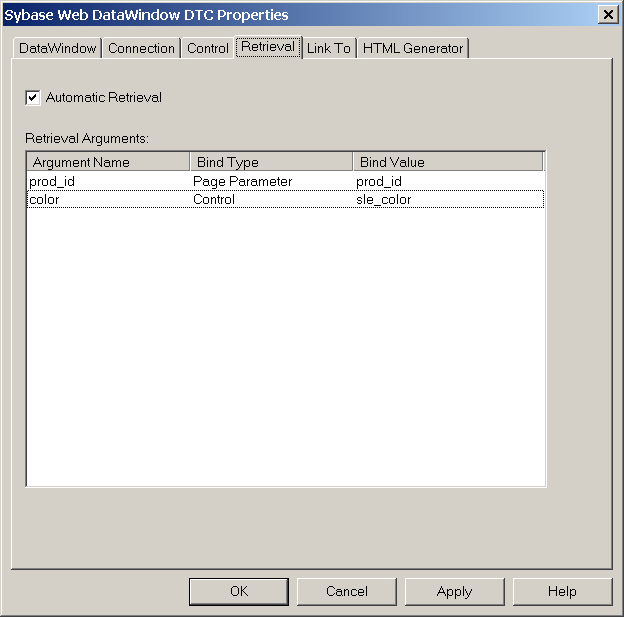 Shown is the Retrieval tab page of the Web DataWindow DTC dialog box. At top is a selected and grayed check box for Automatic Retrieval, then a blank area labeled Retrieval Arguments with columns for Argument Name, Bind Type, and Bind Value.