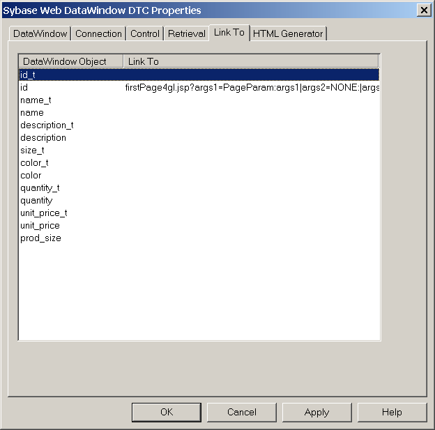 Shows is the Link To tab page of the Web DataWindow DTC Properties dialog box. It has a blank area with columns labeled Data Window Object and Link To.