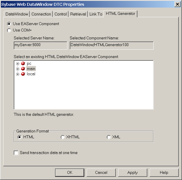 The sample shows the HTML Generator page of the Web DataWindow DTC Properties dialog box. At top are a selected radio button for Use E A Server Component and a cleared one for Use M T S. Next are a text box labeled Selected Server Name with the entry B Shot W 2 K : 9000 and a text box labeled Selected Component Name with the entry p b tutor _ package / p b tutor _ component. Next is a display area labeled Select an existing H T M L Data Window E A Server Component with two E A Server components named local host and local. At bottom is a group of radio buttons labeled Generation Format with the choices H T M L, which is selected, then  X H T M L and X M L. At bottom is a cleared check box labeled Send transaction data at one time.