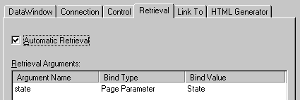 The sample shows the Retrieval page of the Sybase Web DataWindow DTC Properties dialog box. At top is a selected check box for Automatic Retrieval, then a display labeled Retrieval Arguments with columns for Argument Name, Bind Type, and Bind Value and one sample entry that reads state, Page Parameter, and State.