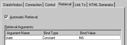 The sample shows the Retrieval page of the Sybase Web DataWindow DTC Properties dialog box. At top is a selected check box for Automatic Retrieval, then a display labeled Retrieval Arguments with columns for Argument Name, Bind Type, and Bind Value and one sample entry that reads state, Constant, and M A.