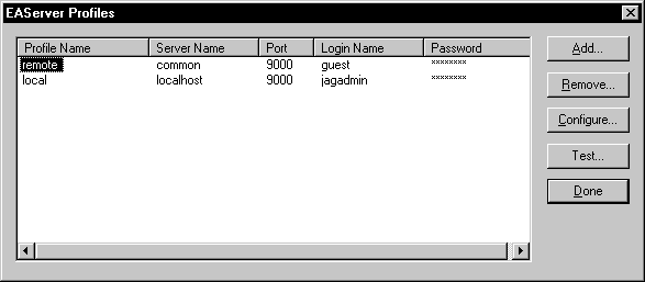 Shown is the E A Server Profiles dialog box. It has columns for Profile Name, Server Name, Port, Log in Name, and Password with sample data displayed for remote and local profiles. At right are buttons labeled Add, Remove, Configure, Text, and Done.