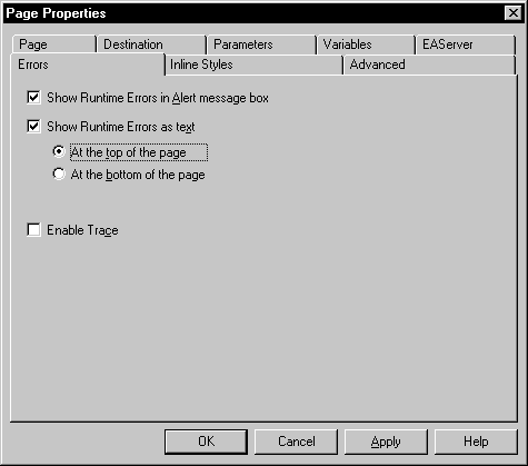 Shown is the Errors tab page of the Page Properties dialog box. At top is a selected check box labeled Show Runtime Errors in alert message box and another labeled Show Runtime Errors as text. The second one has radio buttons lableled At the top of the page and At the bottom of the page. The first button is selected. Last is a cleared check box labeled Enable Trace.