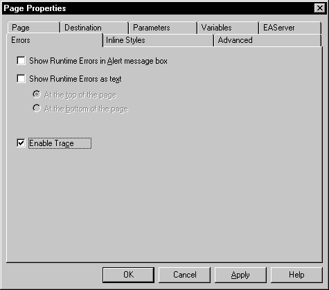 Shown is the Errors tab page of the Page Properties dialog box. At top is a cleared check box labeled Show Runtime Errors in alert message box and another labeled Show Runtime Errors as text. The second box has radio buttons lableled At the top of the page and At the bottom of the page. The first button is selected, and both are grayed. Last is a selected check box labeled Enable Trace.