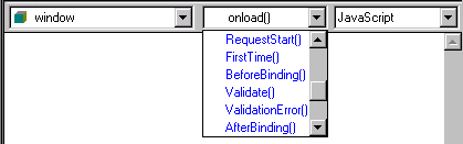 Shown is a drop down list box at left with window selected, then a drop down for on load ( ) showing a list of server events such as Request Start ( ) and First Time ( ), then a drop down list box for Java Script. 