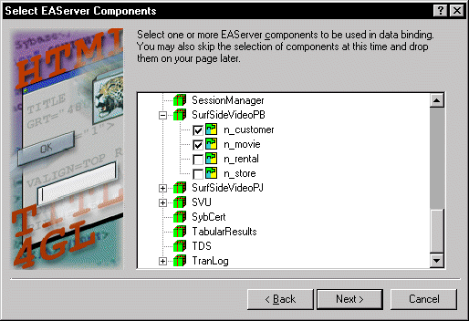 Shown is the Select E A Server Components screen of the 4 G L wizard, which has instructions to select E A Server components for data binding or to skip this step and drop components on the screen later.  A list of E A Server components is displayed in a dialog box and boxes are checked for sample components named n _ customer and n _ movie under the expanded sample entry named Surf Side Video P B.