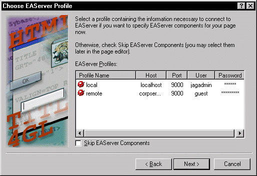 Shown is the Choose E A Server Profile screen of the 4 G L wizard with instructions to either choose a profile or check the box labeled Skip E A Server Components. An E A Server Profiles dialog box displays columns for Profile Name, Host, Port, User, and Password, and lists sample local and remote profiles. 