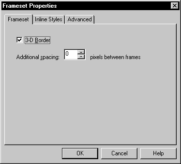 Shown is the Frameset page of the Frameset Properties dialog box with a selected check box labeled 3 - D Border and a spin control labeled Additional spacing which is set to 0 pixels between frames.