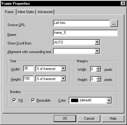 Shown is the frame tab page of the Frame Properties dialog box. At top is a Source U R L box and browse button with the entry Left dot h t m,  a Name text field with the entry frame _ 1, a Show Scroll Bars dorp down with Auto selected, a blank drop down list box labeled Alignment with surrounding text, a Size group box with Width set to 35 and Height set to 100. Both have drop downs with % of frame set selected. To their right is a Margins group box with Width and Height spin controls set to 00 pixels. At bottom are selected check boxes for 3 - D and Resizable, and a Color drop down with black ( default ) selected.