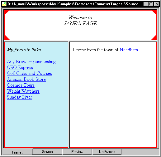 Shown is the Frames view, which displays a sample title frame across the top of the page, a links frame at left, and a frame with text at right.