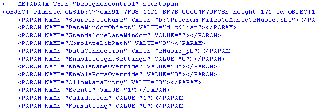 The sample shows the Source view of the H T M L editor for a Web Data Window DTC in a non 4 G L page. An OBJECT element and some of the PARAM tags display. At top is the comment METADATA TYPE = " Designer Control" startspan.