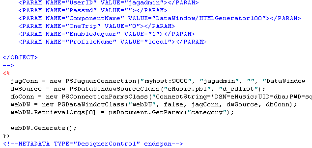 Shown is a continuation of a sample Source view of the H T M L editor for a Web Data Window DTC in a non 4 G L page. The remainder of the PARAM tags for an object display. The tag < / OBJECT > IS followed by source and connection information and the call web D W dot Generate ( ). At bottom is the comment METADATA TYPE = " Designer Control" endspan.